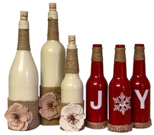 lot 96 image: Holiday Decorative Bottles  Three Red JOY Bottles and Cream Burlap Flowers