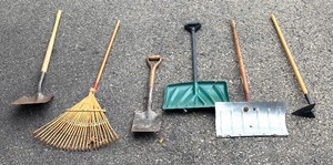 lot 303 image: Shovels, Rake and Hoe