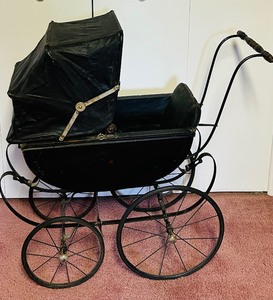 lot 8 image: Vintage Oil Cloth Doll Carriage Circa 1910  Antique Victorian Baby Carriage with Black Fabric Cover
