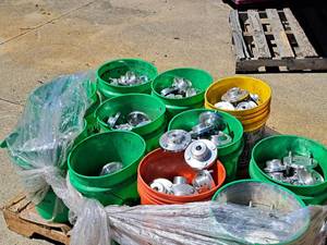 lot 77 image: Lot of (1 Pallet  11 Pails) Pitching Machine Assemblies  Assorted  Aluminum Flanges