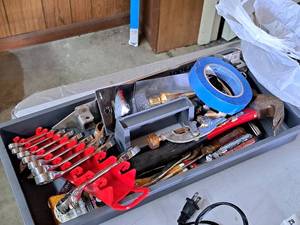 lot 231 image: Tool Tray with Assorted Hand Tools - Sockets, Wrenches, Hammer, Plumb Bob