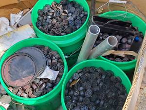 lot 108 image: (4) 5-gal Pails of Control Knobs and (1) Box of Metal 1Dx1