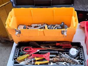 lot 253 image: Assorted Hand Tools - Wrenches, Screwdrivers, Snips, Scissors, Tape Measure, Slide Clamps, Squares and more with Plastic Tool Box
