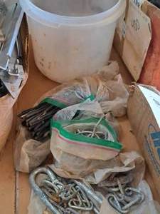 lot 344 image: Lot of (1 Bucket) Assorted Hooks and Fasteners