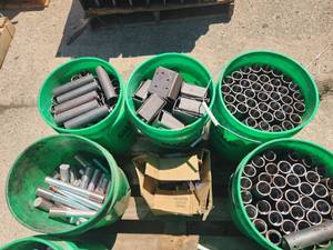 lot 48 image: Lot of (5 Pails  1 Box) Assorted Parts for Pitching Machine Assemblies