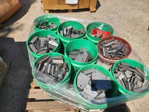 lot 49 image: Lot of (1 Pallet  9 Pails) Assorted Parts for Pitching Machine Assemblies  Unpainted