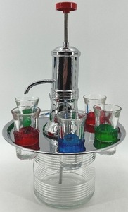 lot 301 image: Vintage Glass Drink Dispenser Set with 6 Colored Shot Glasses