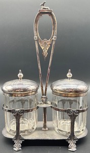 lot 17 image: Antique Silver-Plated Double Jar Condiment Caddy with Deer Finial