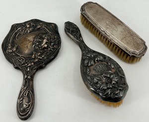 lot 29 image: Antique Silver-Plated Vanity Set with Mirror and Brushes