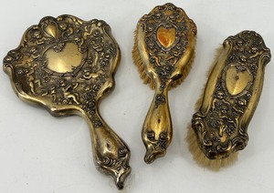 lot 30 image: Antique Gilded Vanity Set with Mirror and Brushes
