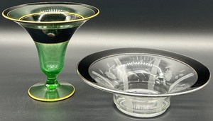 lot 32 image: Etched Uranium Glass Vase with Gold Rim and Elegant Bowl with Black Trim