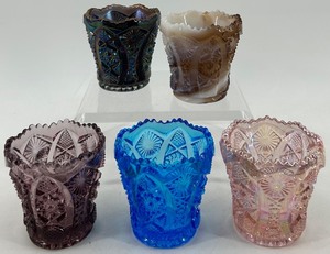 lot 51 image: Set of 5 Vintage Carnival Glass Toothpick Holders including Imperial, Carnival and Slag glass