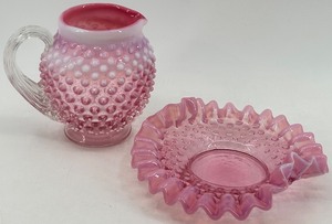 lot 54 image: Fenton Hobnail Pink Opalescent Glass Creamer and Ruffled Dish Set