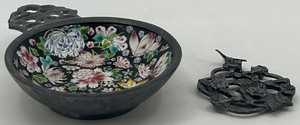 lot 56 image: Antique Pewter Bowl with Floral Enamel Inlay and Pewter Metzke Candle topper
