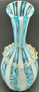 lot 58 image: Murano Latticino Art Glass Vase with Blue and White Swirl Design