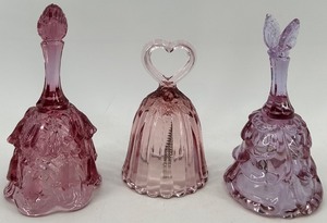 lot 66 image: Set of 3 Fenton Cranberry Glass Bells with Heart and Floral Designs