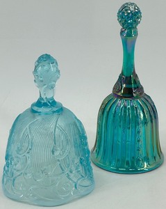 lot 68 image: Set of 2 Fenton Glass Bells - Blue and Iridescent Designs