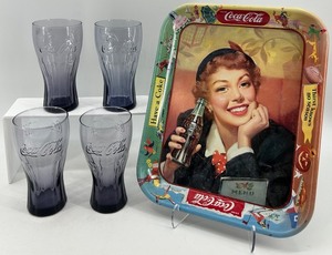 lot 81 image: Set of 4 Coca-Cola Purple Glasses and Vintage Coca-Cola Tray