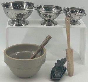 lot 87 image: Miniature set of 3 Stainless Steel Colanders and Ceramic Mixing Bowl with Utensils