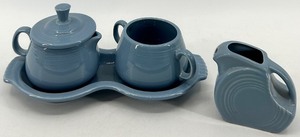 lot 103 image: Fiestaware Ceramic Sugar and Creamer Set with Tray in Periwinkle Blue