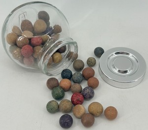 lot 120 image: Set of Colorful Bennington Marbles with Glass Jar