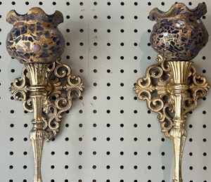 lot 121 image: Pair of Ornate Gold Brass Wall Sconces with Mosaic Glass Shades