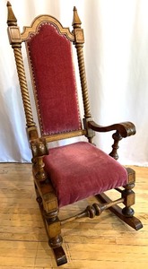 lot 37 image: Antique Wooden Rocking Chair with Red Upholstered Cushion