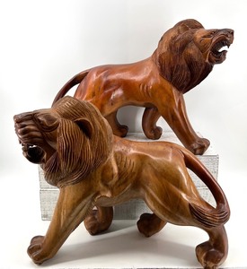 lot 38 image: Pair of Hand-Carved Wooden Lion Statues