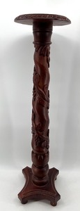 lot 44 image: Vintage Carved Wood Plant Stand with Detailed Leaf Motif