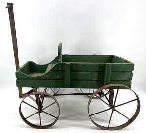 lot 128 image: Vintage Wooden Toy Wagon with Iron Wheels