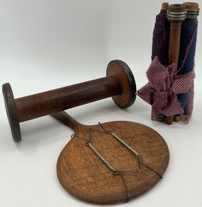 lot 134 image: Antique Wooden Textile Spools and Oval Hand Mirror