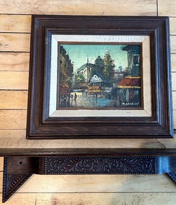 lot 159 image: M. Bradley Framed Artwork with Ornate Wooden Shelf