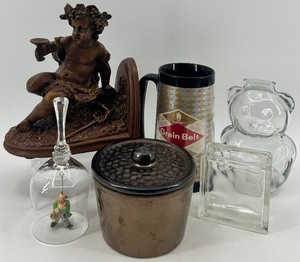 lot 163 image: Assorted Collectible Items Cherub Bookend, Grain Belt Beer Mug, and More