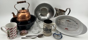 lot 165 image: Collection of Vintage Kitchenware - Copper Kettle, Bundt Pan, Mugs, and More