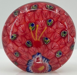lot 195 image: Art Glass Millefiori Peacock Paperweight with Vibrant Red and Blue Design