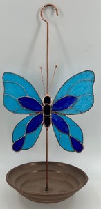 lot 210 image: Stained Glass Butterfly Garden Decor with Copper Holder