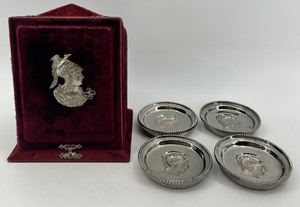 lot 232 image: Set of 4 Silver Coasters with Spartan Motif and Victorian Velvet Hair Case