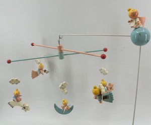 lot 235 image: Vintage Handcrafted Wooden Baby Mobile with Angelic Figures