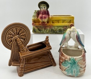 lot 237 image: Set of 3 Vintage Ceramic Planters Boy on Fence, Parrots, and Spinning Wheel