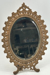 lot 245 image: Antique Ornate Oval Brass Table Mirror