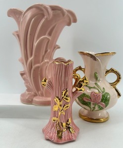 lot 248 image: Trio of Vintage Pink and Floral Vases with Gold Accents including McCoy