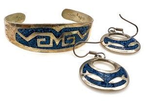 lot 258 image: Mexican Alpaca Bracelet and Sterling Silver Earrings Set with Inlay Design