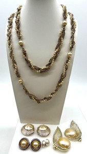lot 268 image: Vintage Jewelry Set with Gold-Tone Pearl Wrap Necklace and Earrings including Sarah Coventry