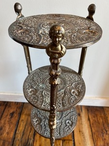 lot 295 image: Antique Vintage Brass Ornate Three-Tier Plant Stand with Figural Design