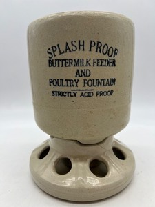 lot 340 image: Vintage Stoneware Splash Proof Buttermilk Feeder and Poultry Fountain