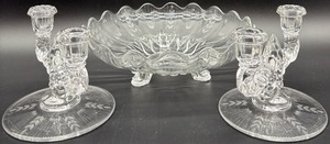 lot 257 image: Pair of Vintage New Martinsville Crystal Glass Candle Holders with Etched Design