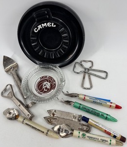 lot 251 image: Vintage Advertising Ashtrays, Bottle Openers, Nail Clippers, Pens, and Blue Pottery Dish Lot