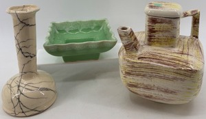 lot 252 image: Set of 3 Vintage Ceramic Pieces Green Scalloped Dish, Marble Vase, Abstract Pitcher