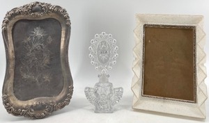 lot 253 image: Set of Vintage Silver Tray and Crystal Perfume Bottle with Art Deco Frame