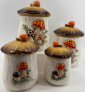 lot 325 image: Set of 4 Ceramic Mushroom Canisters with Lids